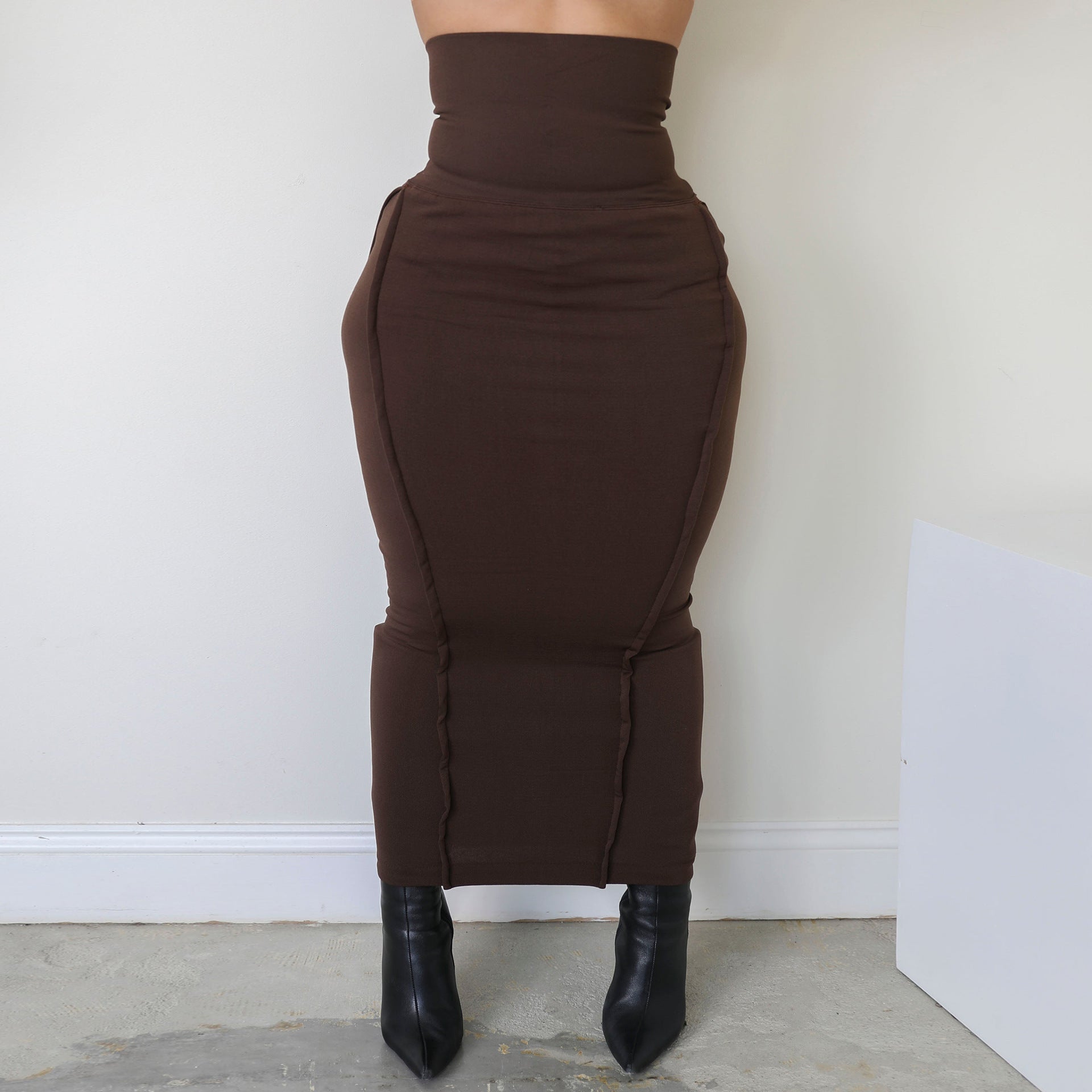 Solid color high waisted elastic waistband patchwork car edge one step skirt long skirt