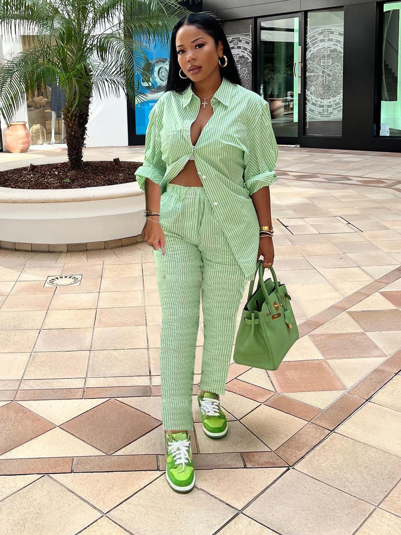Striped Shirt Suit with Long Sleeves