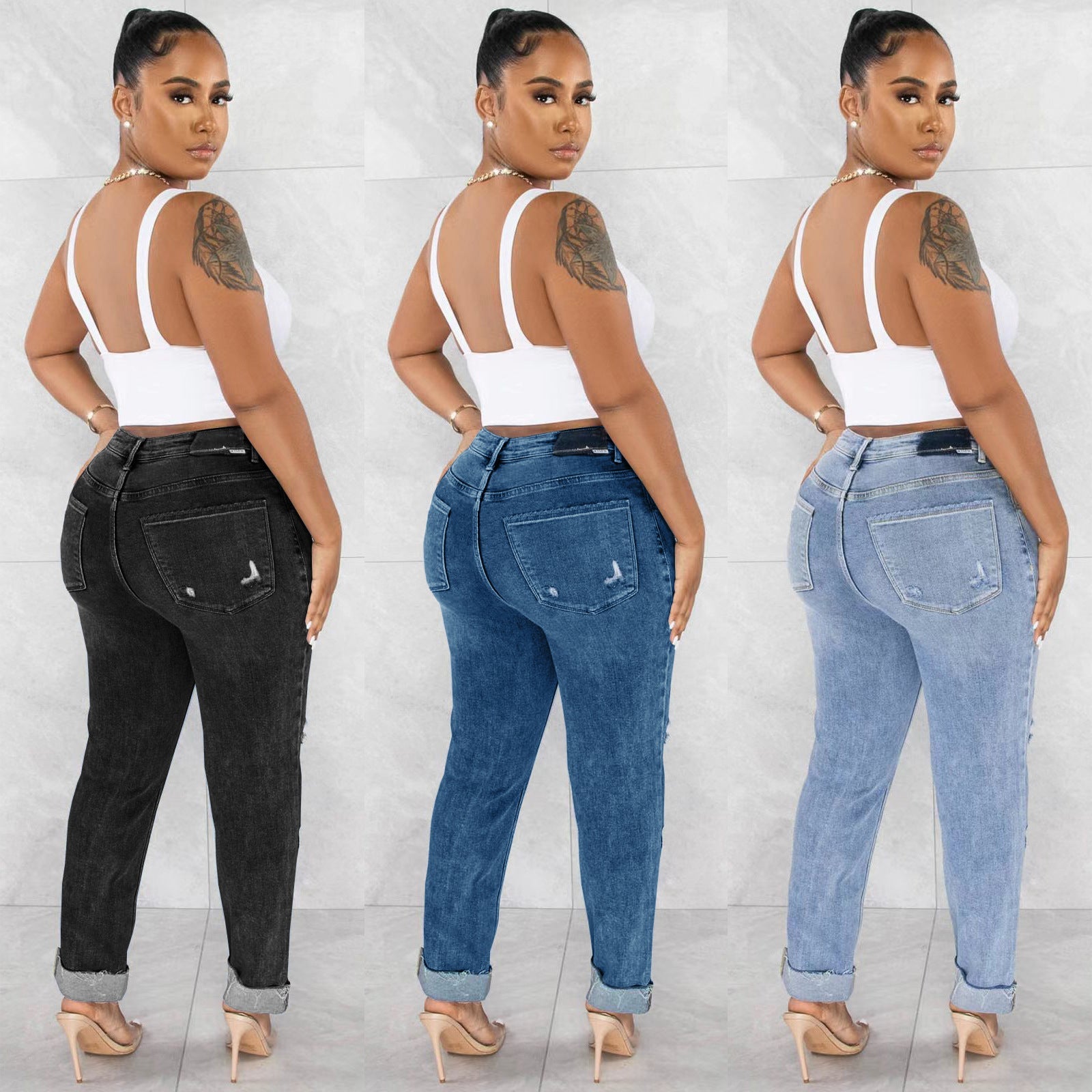 Ripped Diagonal Buckle Stretch Jeans