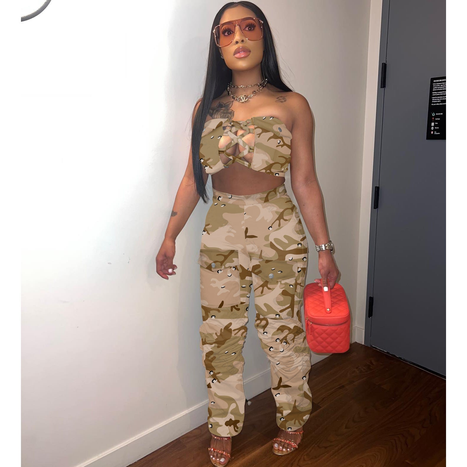 Sleeveless Lace-up Chest Wrap Vest Pants 2PC Set