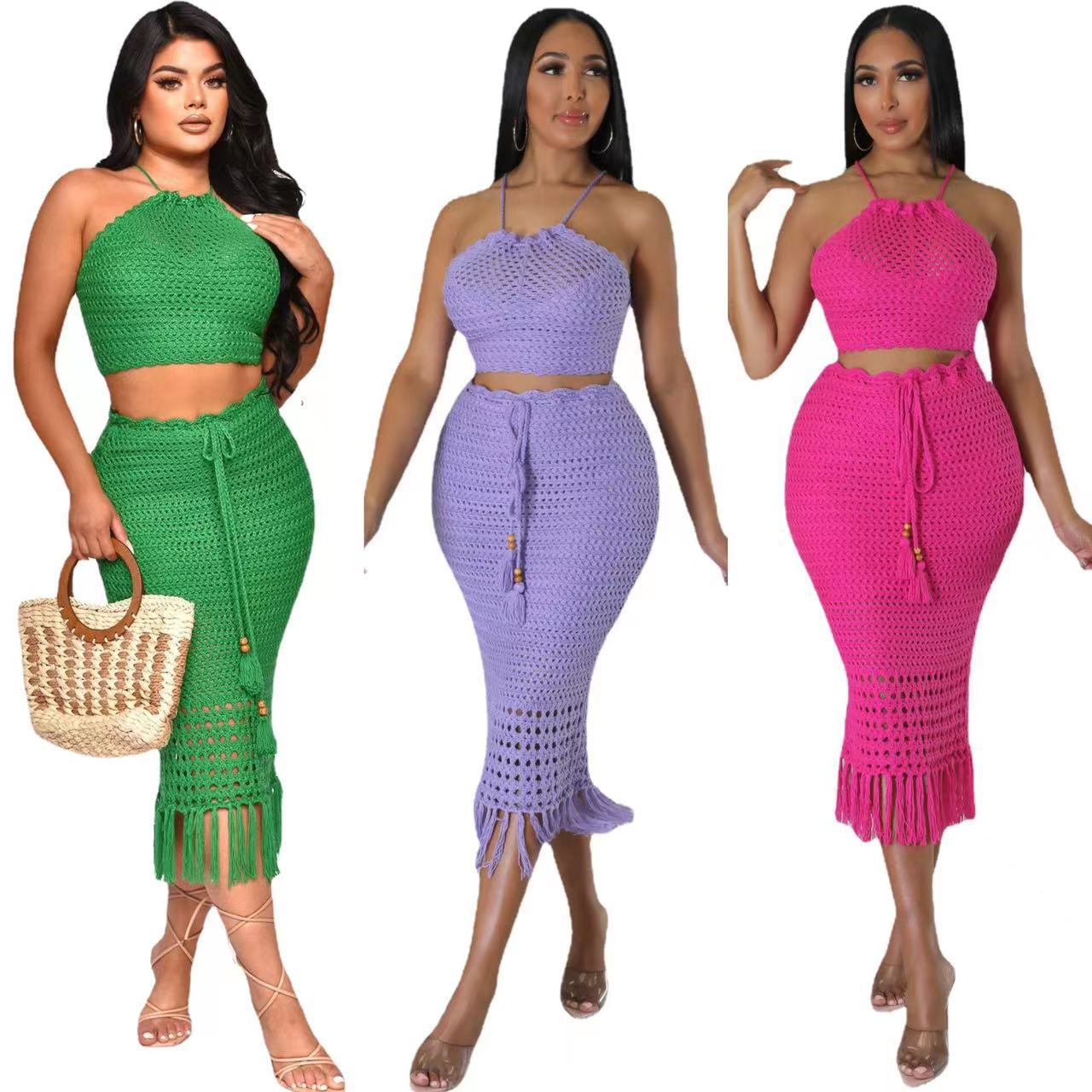 Tassel Fishing Net Knitted Two Piece Set