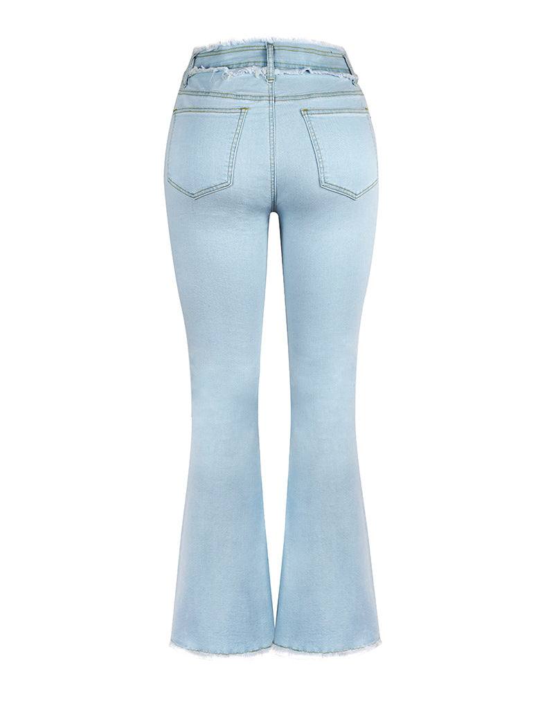 High Elastic Mid Waist Burrs Women's Denim Trousers