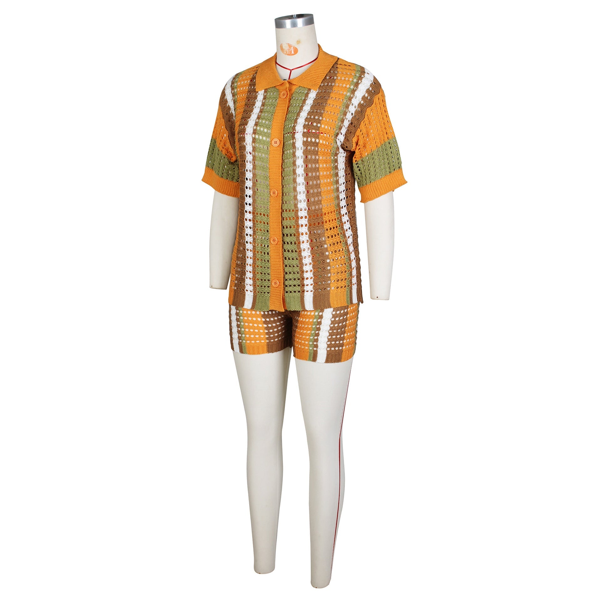 Hollow out See-through Contrast Color Lapels Knitted Shorts Suit