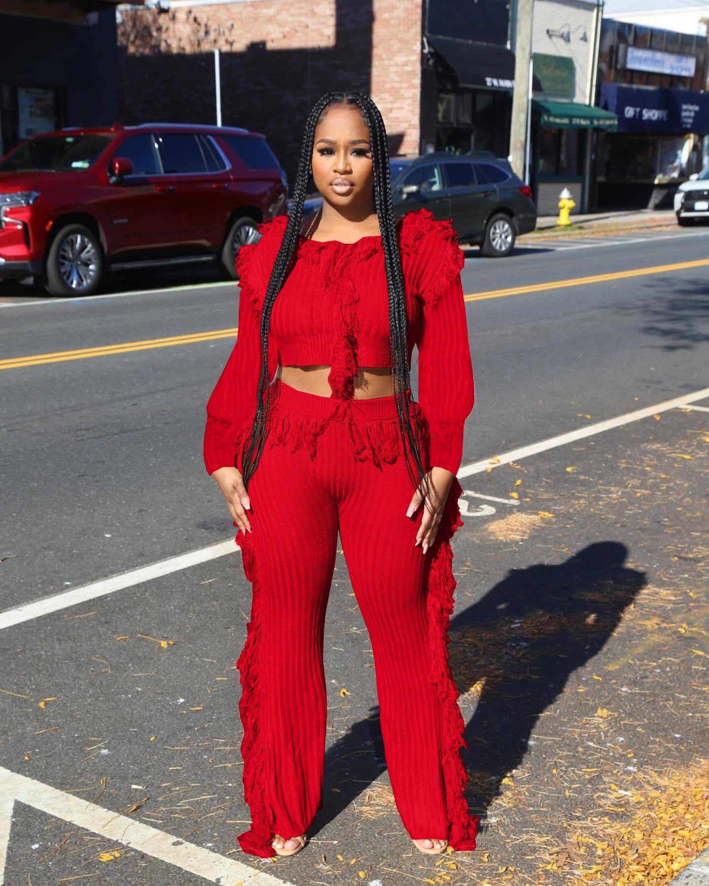 Casual Solid Color Knitted Long Sleeve Tassel Suit Women's Knitted Sweater