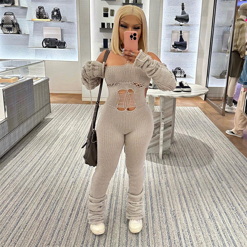 Woolen Oversleeve Halter Lace-up Hollow Jumpsuit Pile Pants