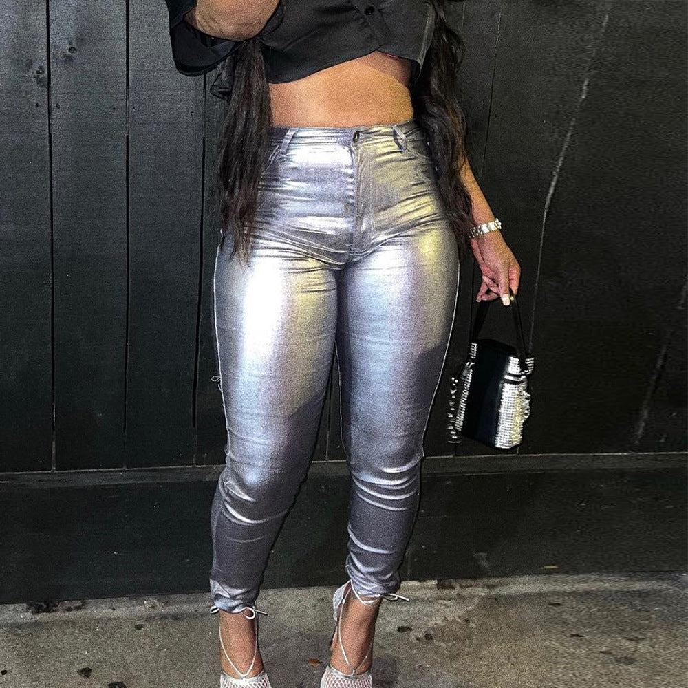 Slim Fit Buttocks Metallic Silver Hot Casual Pants