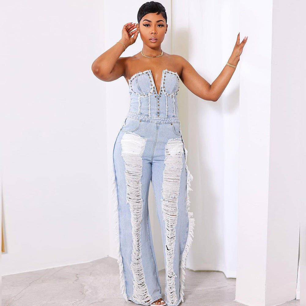 Tassel Hole Rhinestone Washing Water Denim Jumpsuit Female