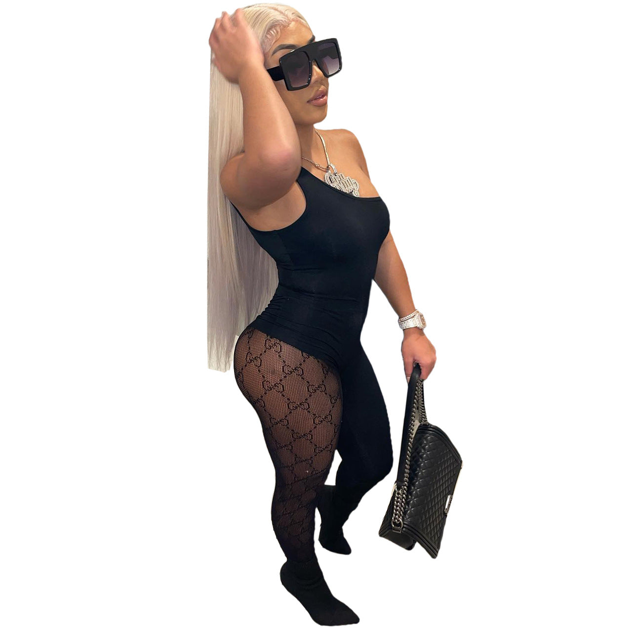 Off-the-Shoulder Stitching Jumpsuit