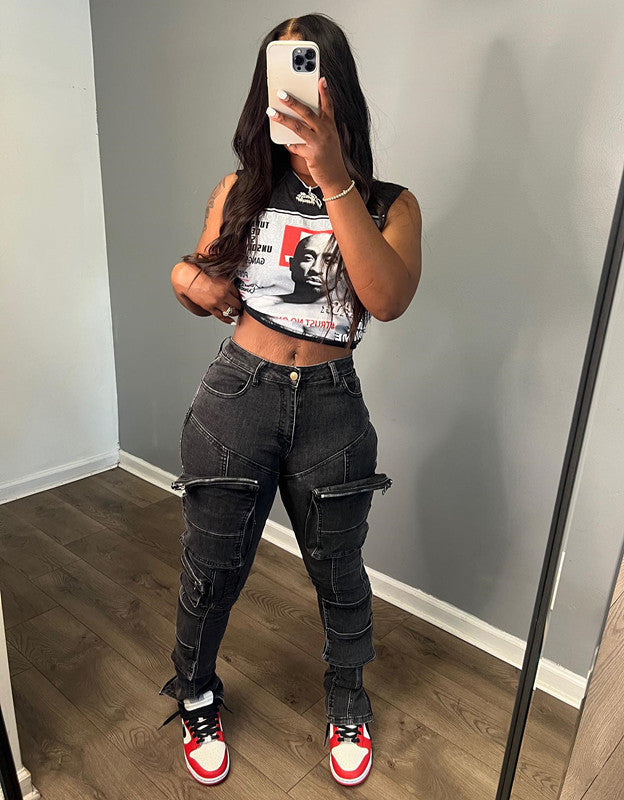 Multi Pocket Zipper Elastic Feet Jeans