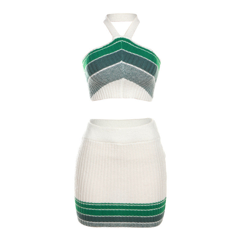 Jacquard Knitted Contrasting Neck Skirt Set