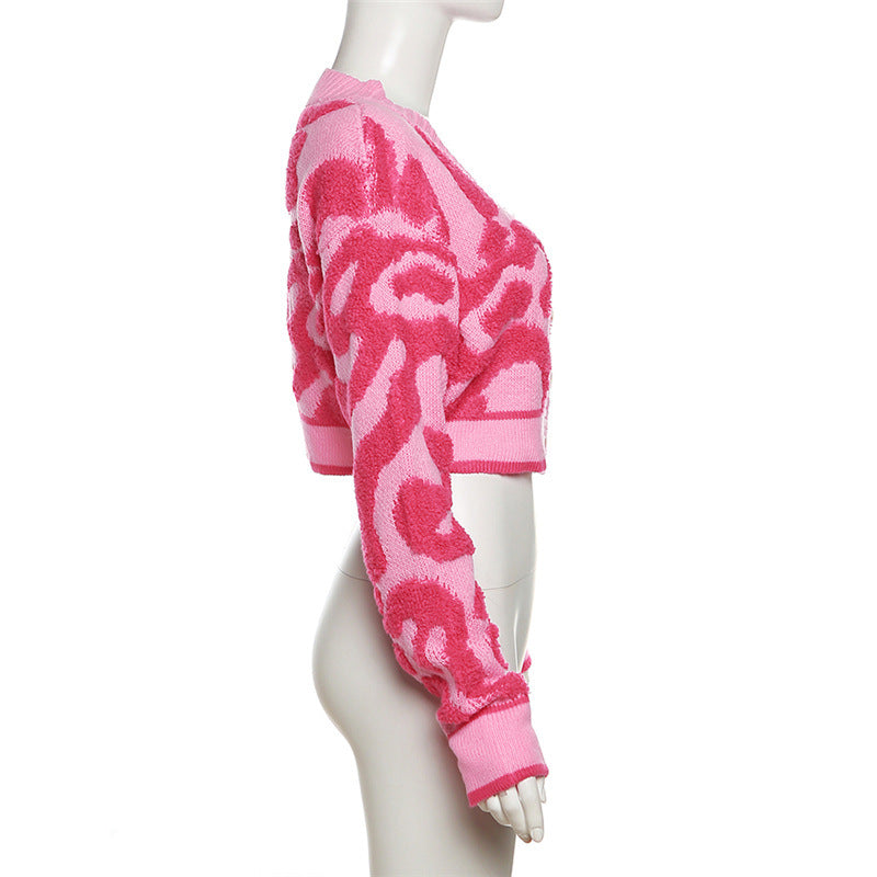 Sweet color-block low-cut V-neck button-up high-rise slim-fit knit top
