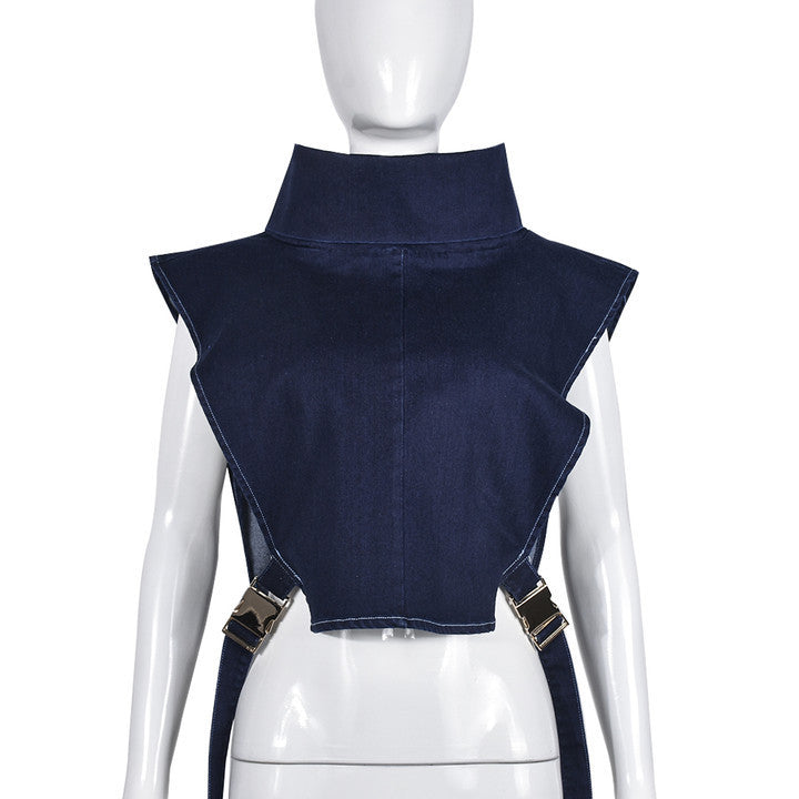 Lace-up Turtleneck Washed Sleeveless Denim Short Vest
