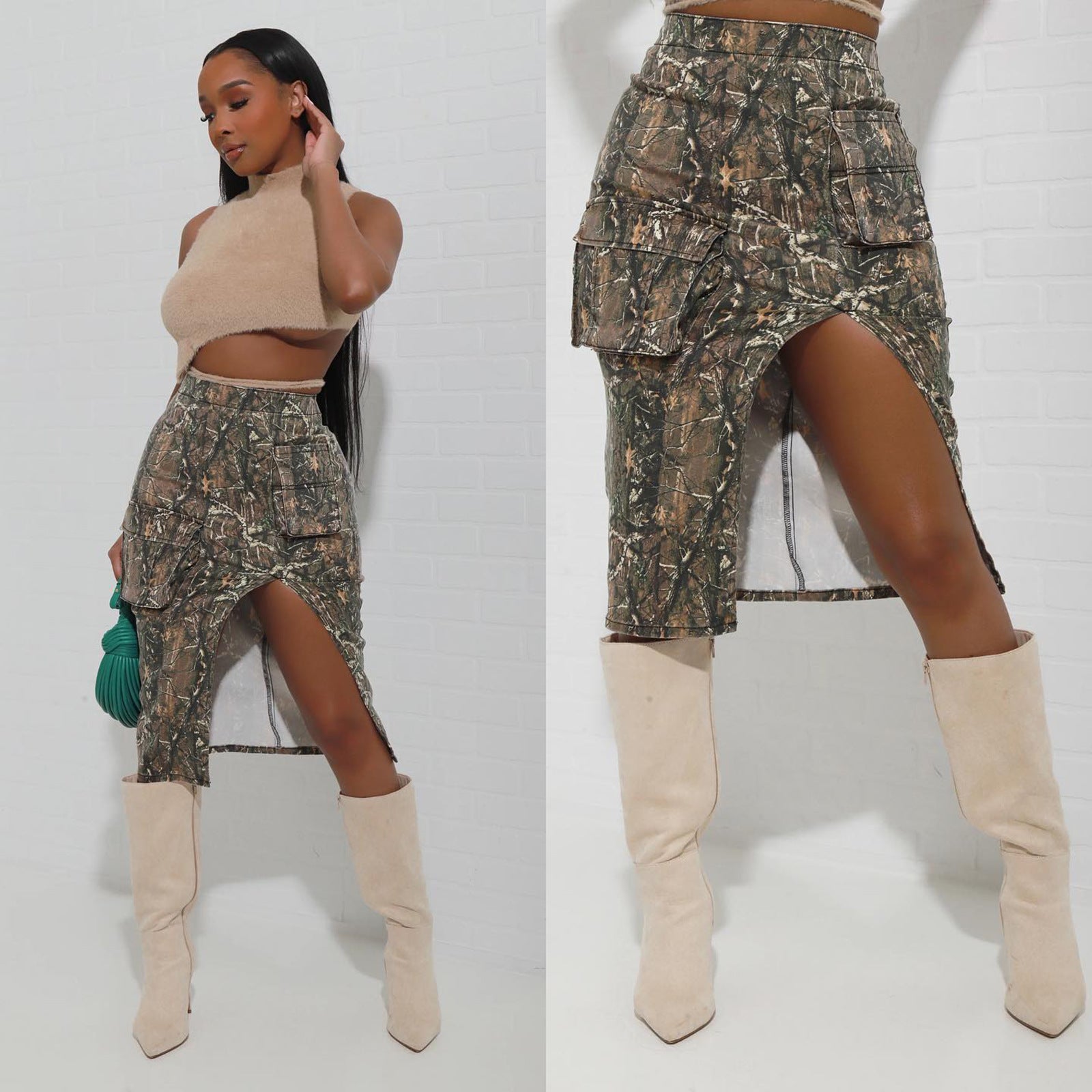 Camo Leaf Print Pocket Split Zip High Waist Skirt