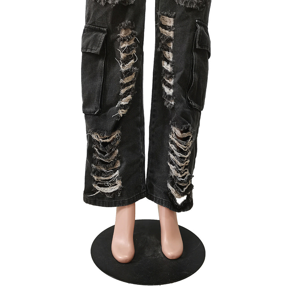 Perforated Burnt Flower Work Bag Micro Horn Denim Pants