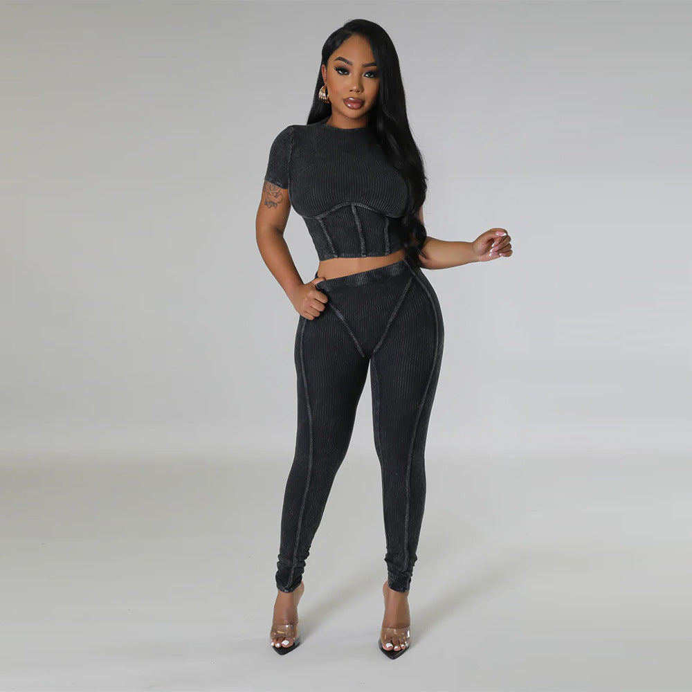 Pit stripe sports round neck tight and navel exposed set