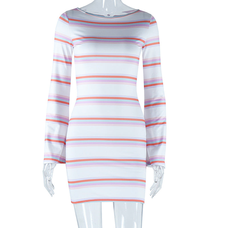 Striped Flared Sleeve Pullover Skirt Backless Waist Trimming A- line Skirt