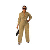 Long sleeves, long pants, cargo style, wide leg, solid color,2pc set