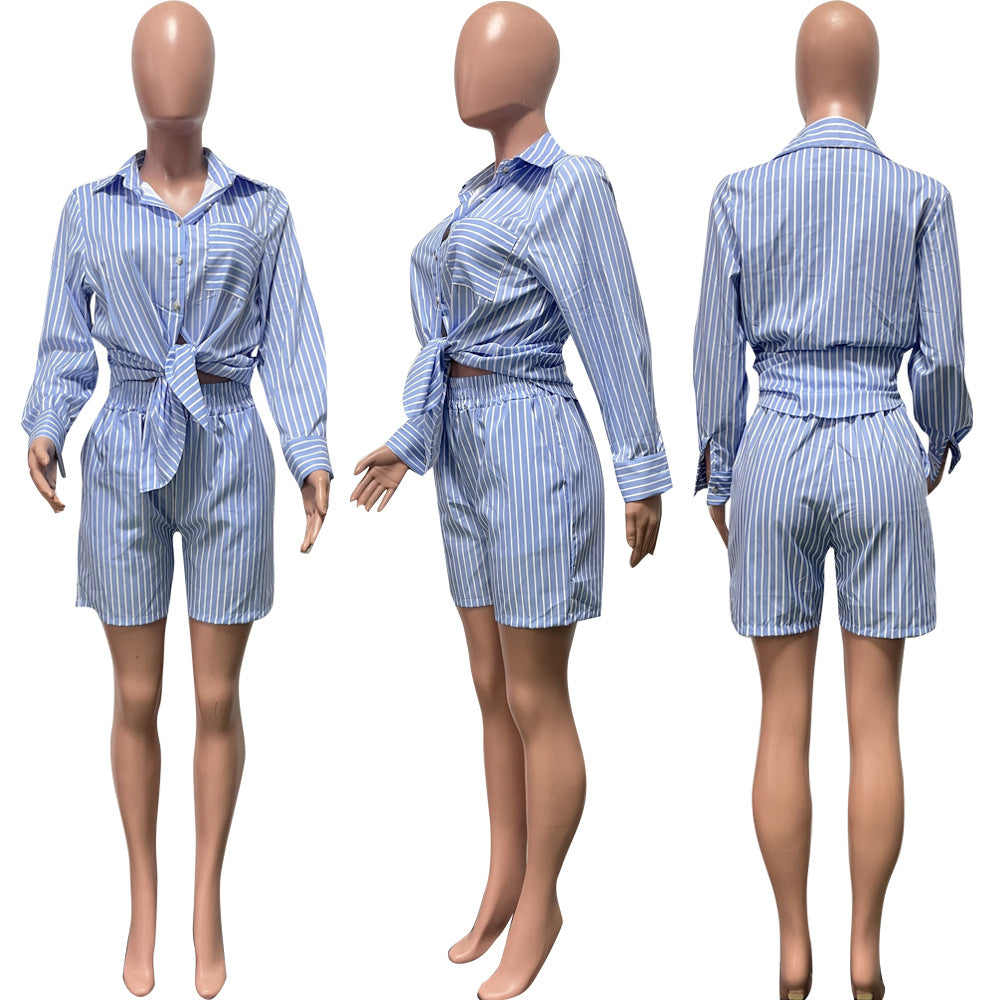 Patch Pocket Vertical Stripes Summer Thin 2PC Set