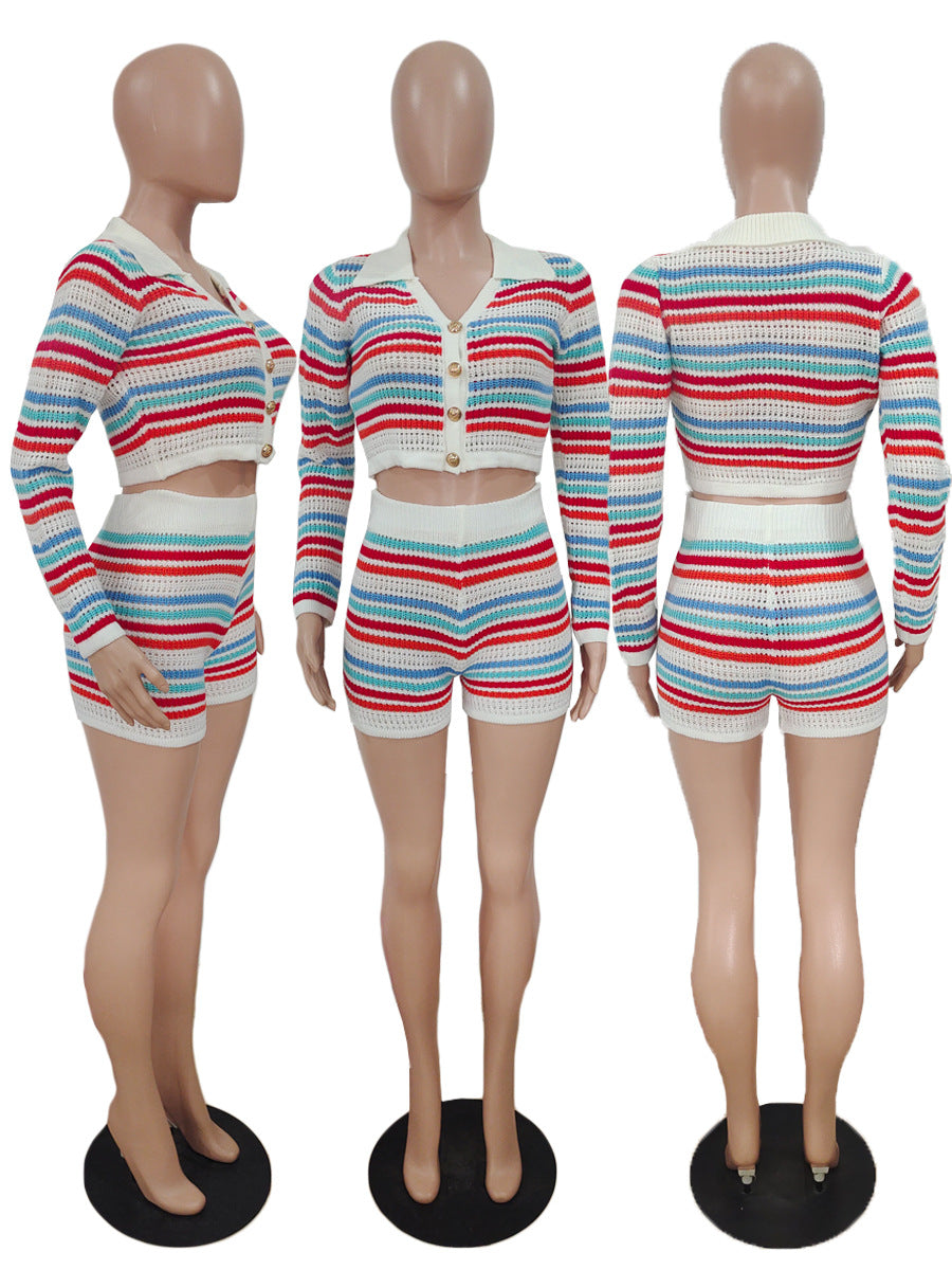 Lapel Cardigan Double-breasted Long Sleeve Striped Color Matching Knit Two-piece Suit