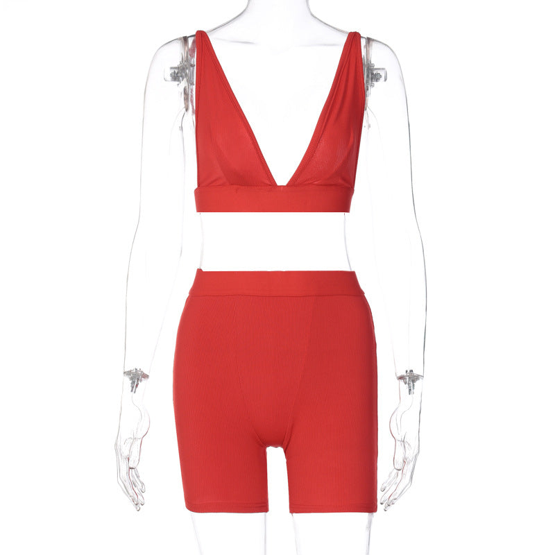 Sports V-neck Cropped Pants Yoga 2PC Set