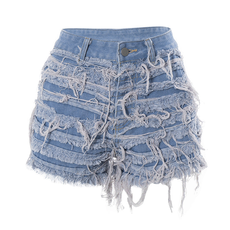 Fringe Tight Pocket Non-Elastic Denim Shorts