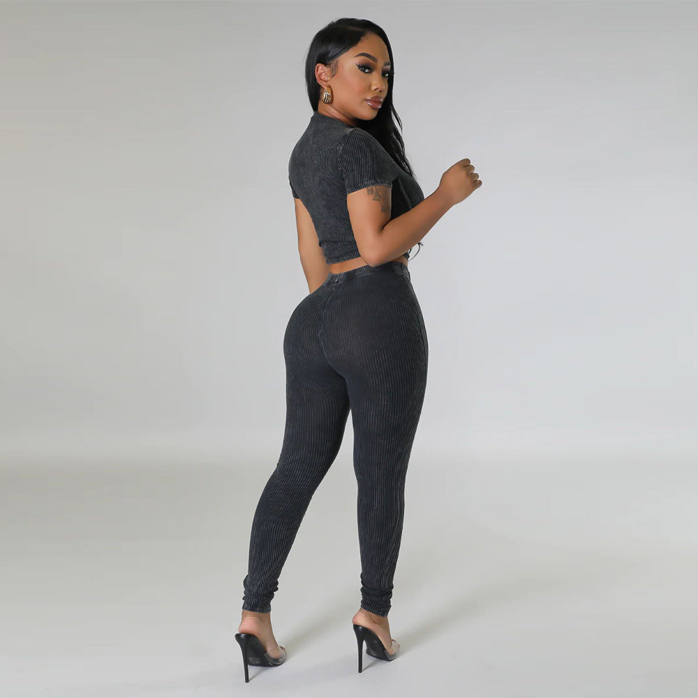 Pit stripe sports round neck tight and navel exposed set