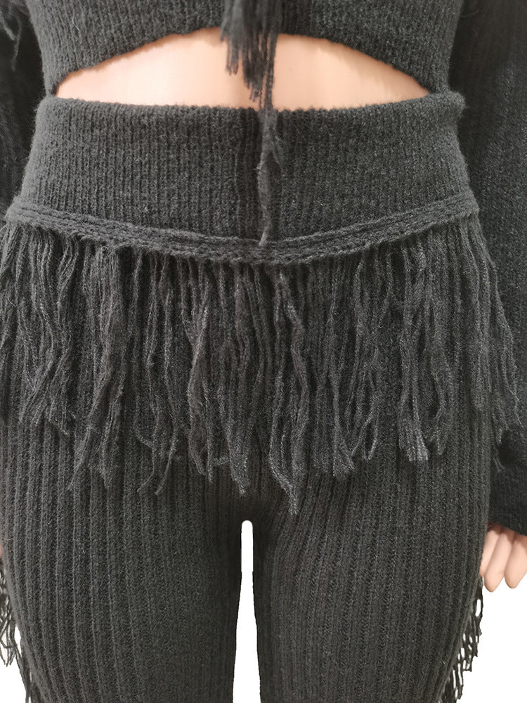 Casual Solid Color Knitted Long Sleeve Tassel Suit Women's Knitted Sweater