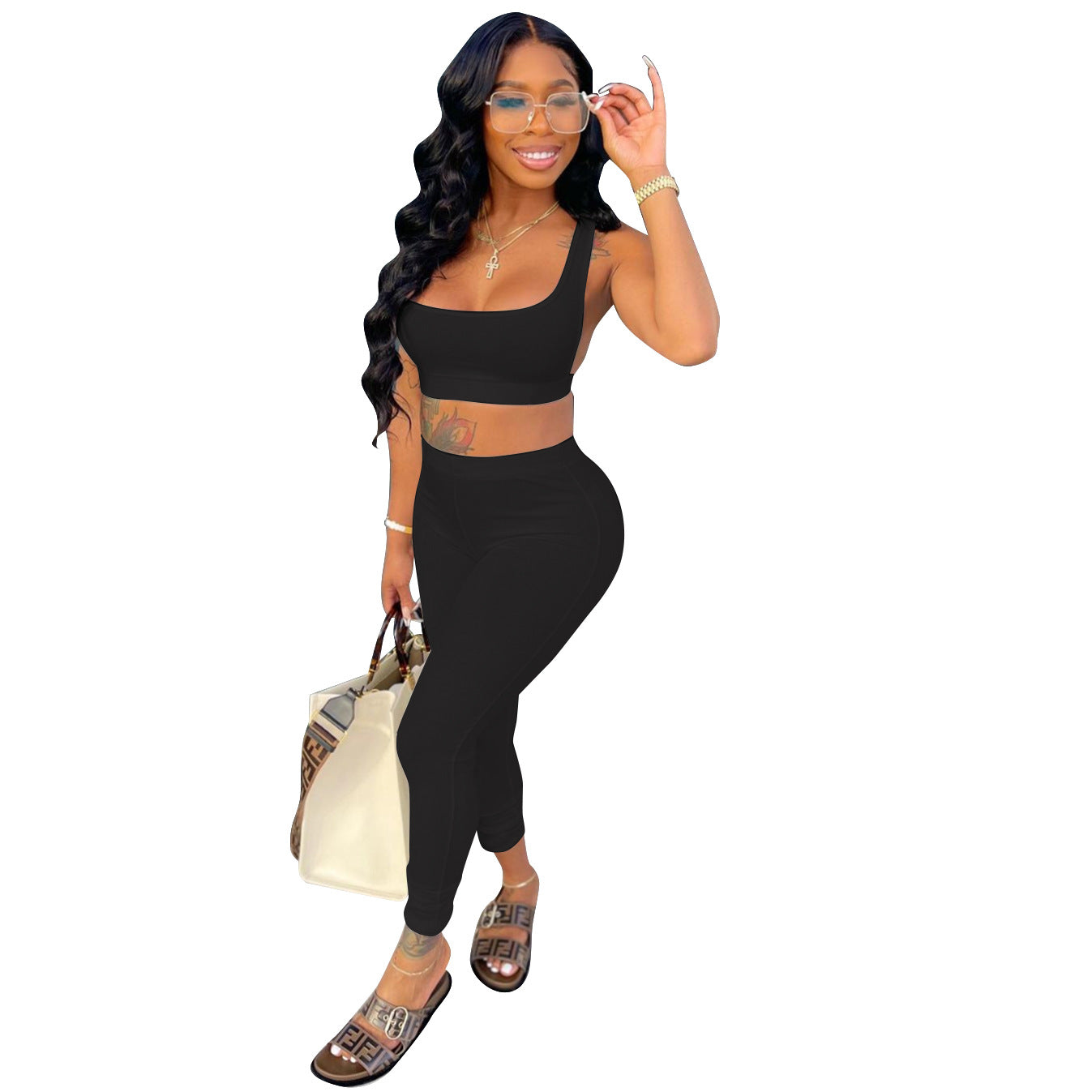 Sexy Casual Solid Bare Back Top 2PC Set