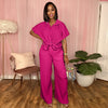 Tree Pattern Pleated Fabric Short Sleeved Shirt Wide Leg Pants Set