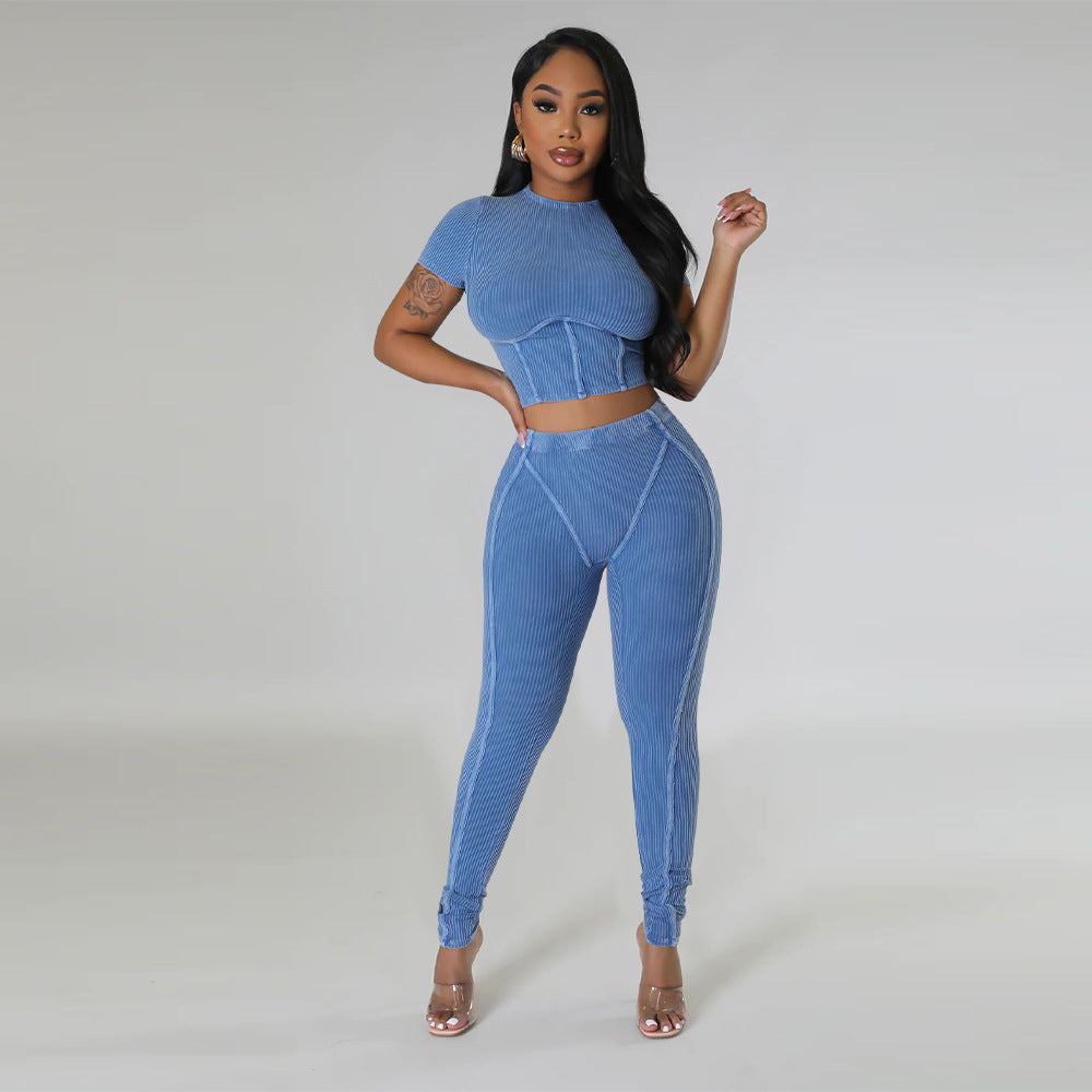 Pit stripe sports round neck tight and navel exposed set