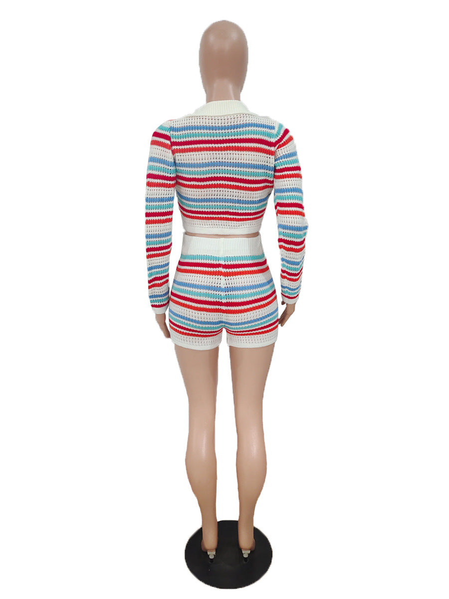 Lapel Cardigan Double-breasted Long Sleeve Striped Color Matching Knit Two-piece Suit