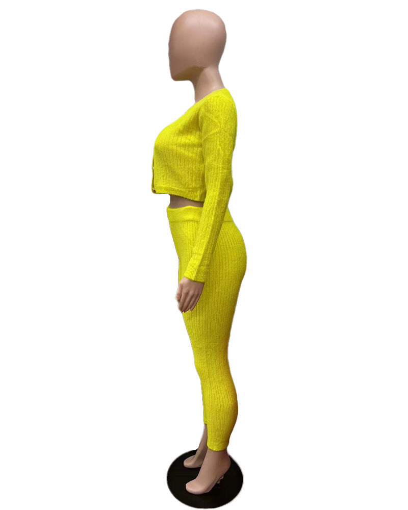 Solid Color Knitted Sweater Sexy Slim-Fit Cardigan 3PC Set