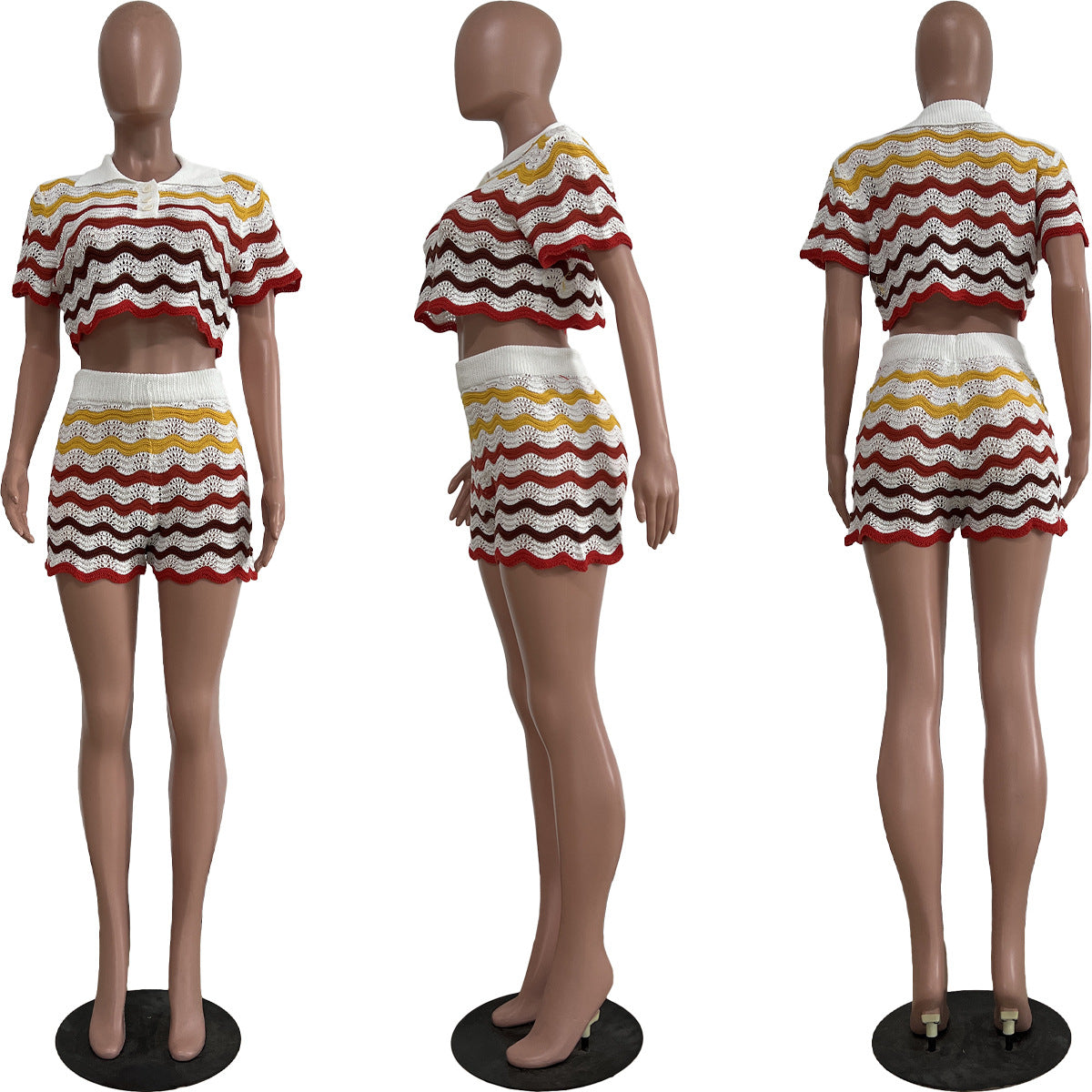 Striped Handmade Knit Casual Shorts Set