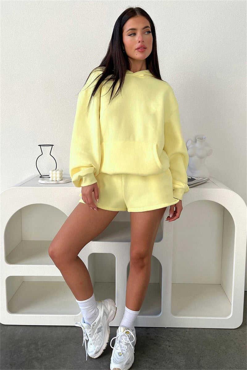 Solid Color Long Sleeved Shorts Hoodie Two-piece Set