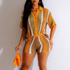 Hollow out See-through Contrast Color Lapels Knitted Shorts Suit