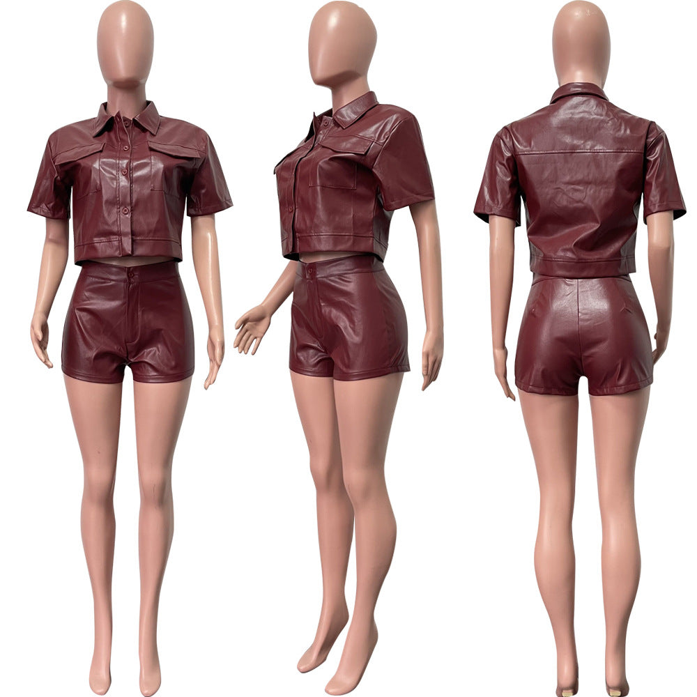 Tight Leather Coat Leather Shorts 2PC Set
