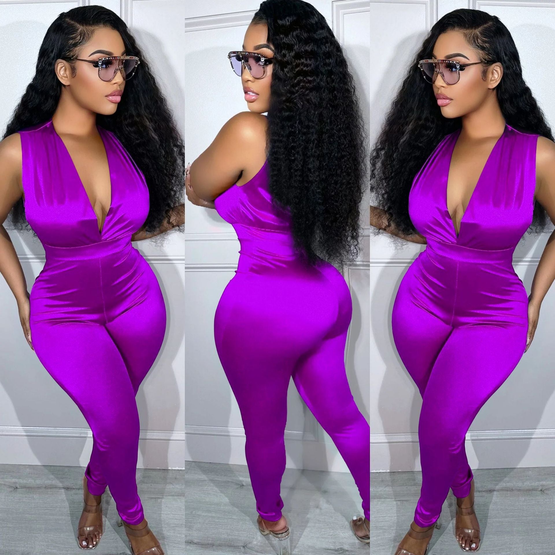 Deep V High Waist Glossy Jumpsuit