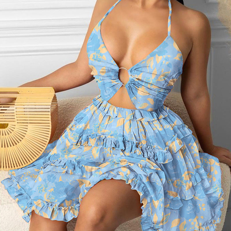Printed Hollow-out Halter V-neck Cake Dress