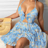 Printed Hollow-out Halter V-neck Cake Dress