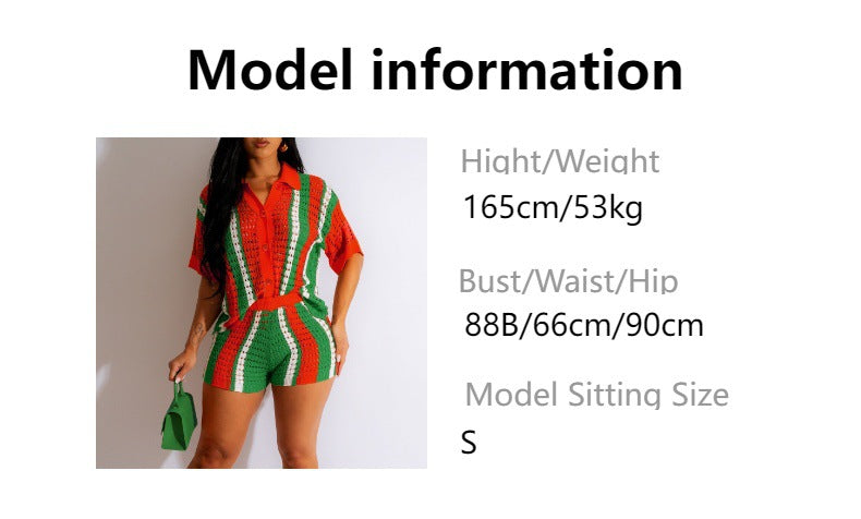 Hollow out See-through Contrast Color Lapels Knitted Shorts Suit
