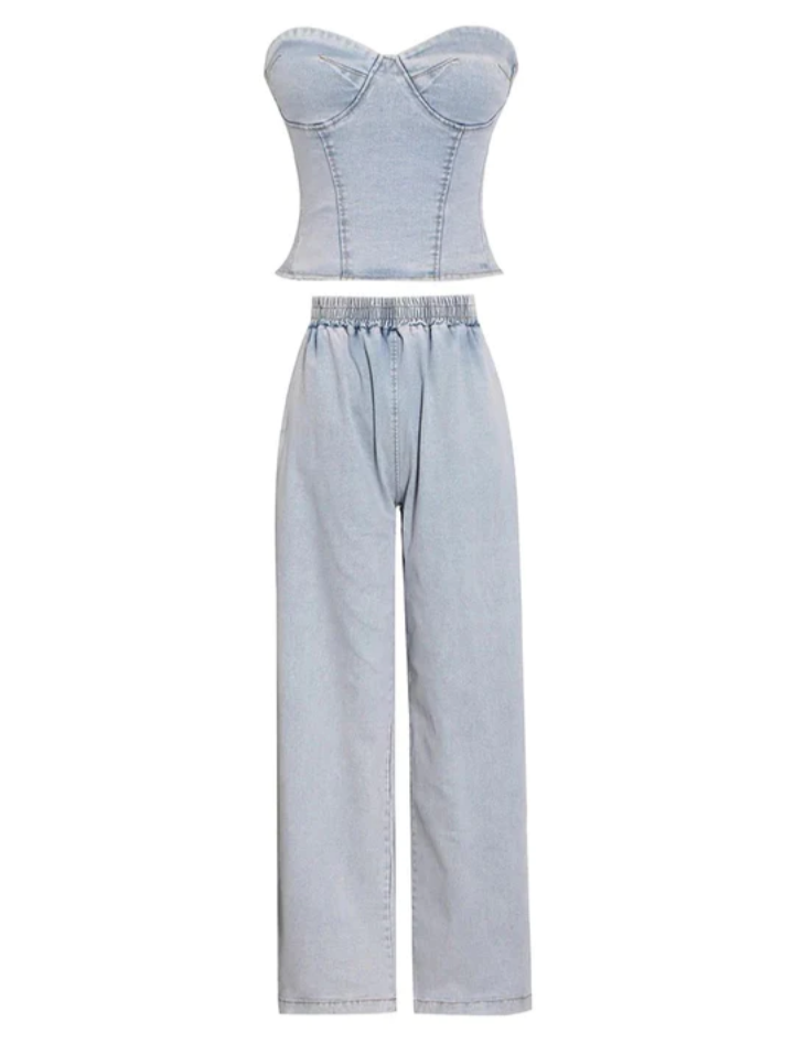 Sleeveless Stretch Denim Two-piece Set