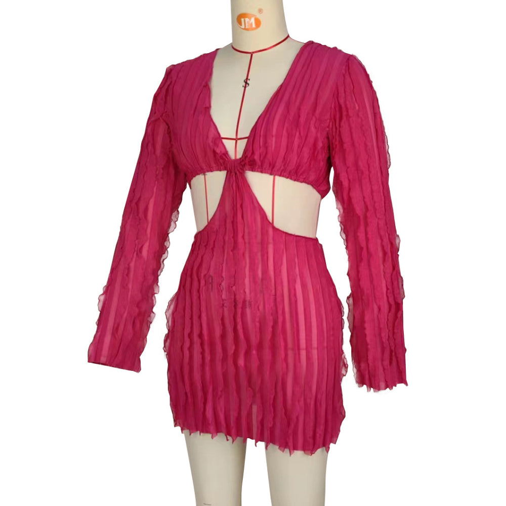 Long Sleeve Mesh Wave Pattern Sexy Short Dress