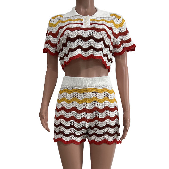 Striped Handmade Knit Casual Shorts Set