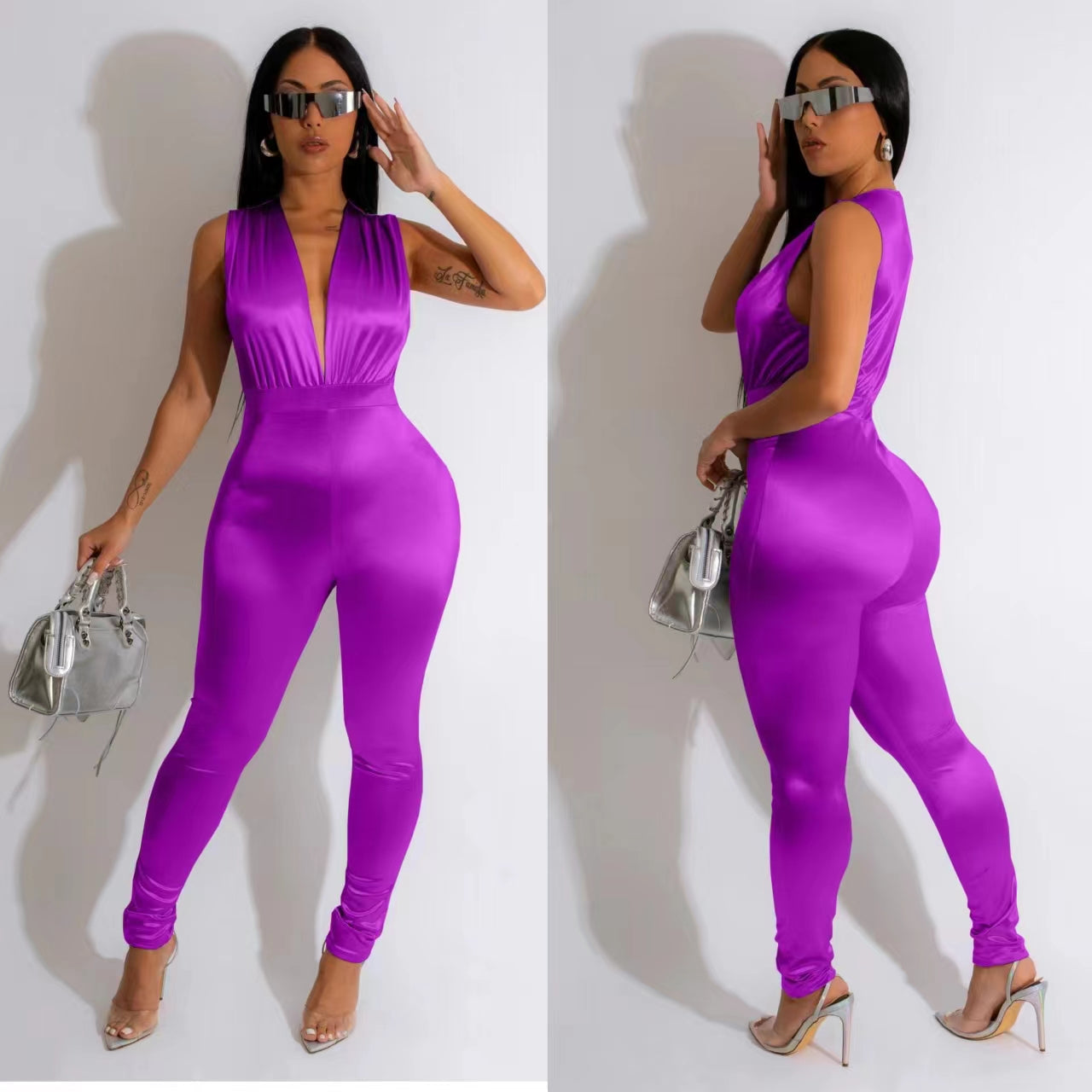 Deep V High Waist Glossy Jumpsuit