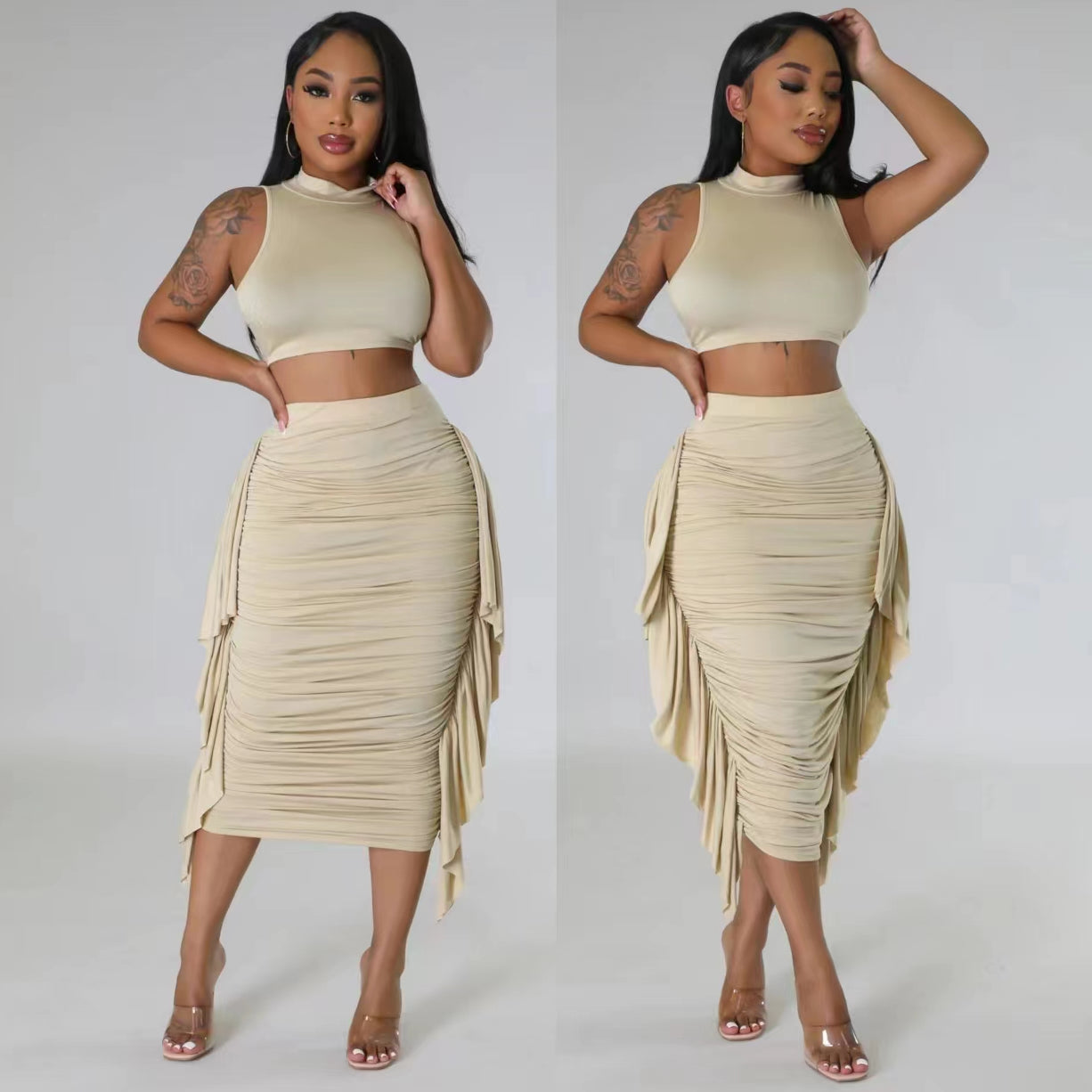 Solid Color High Waist Ruffles Navel Slim Fit Suit