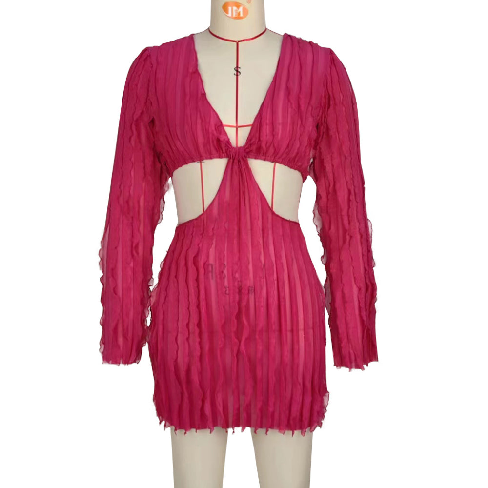 Long Sleeve Mesh Wave Pattern Sexy Short Dress