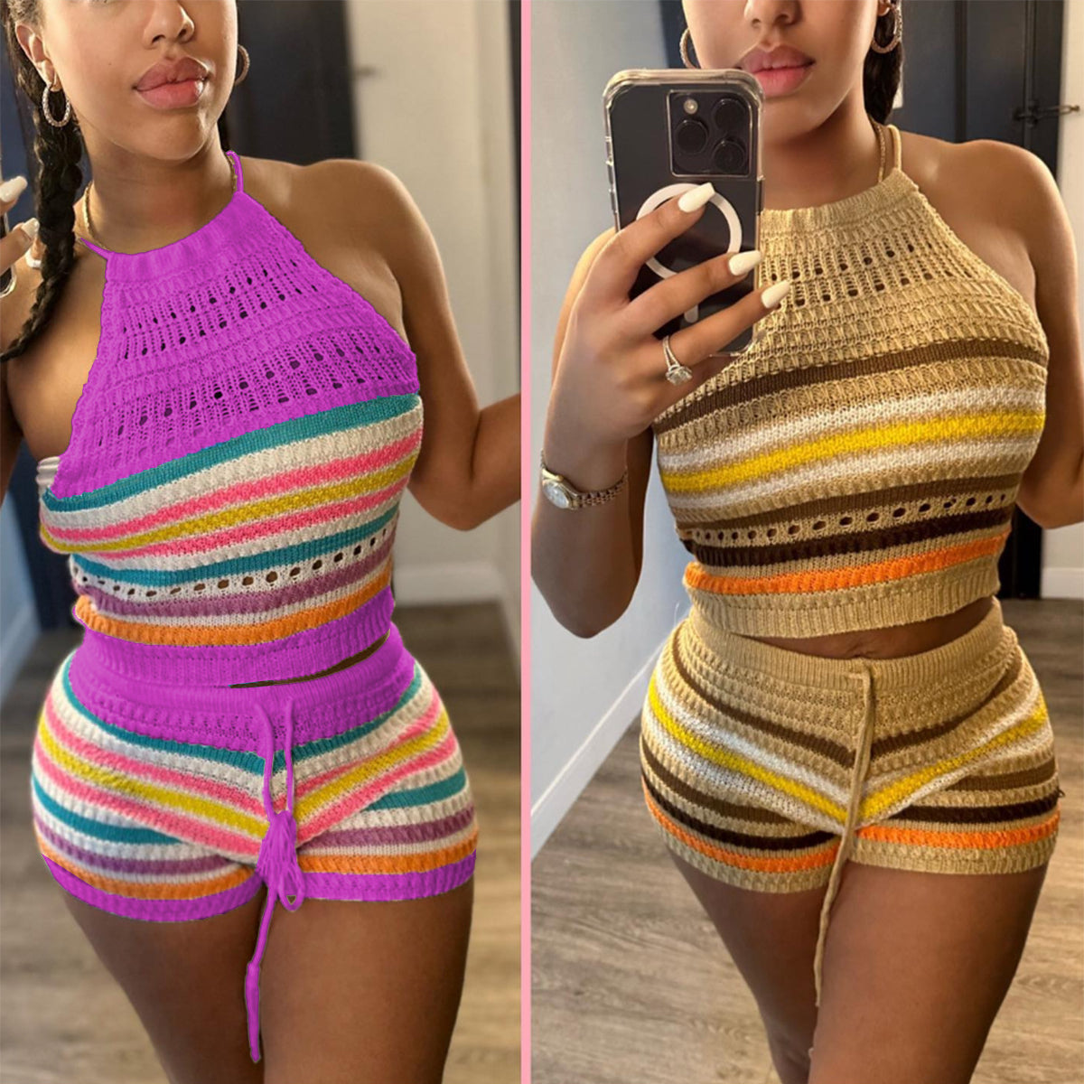 Knitted Backless Halter Top & Bottom 2PC Set