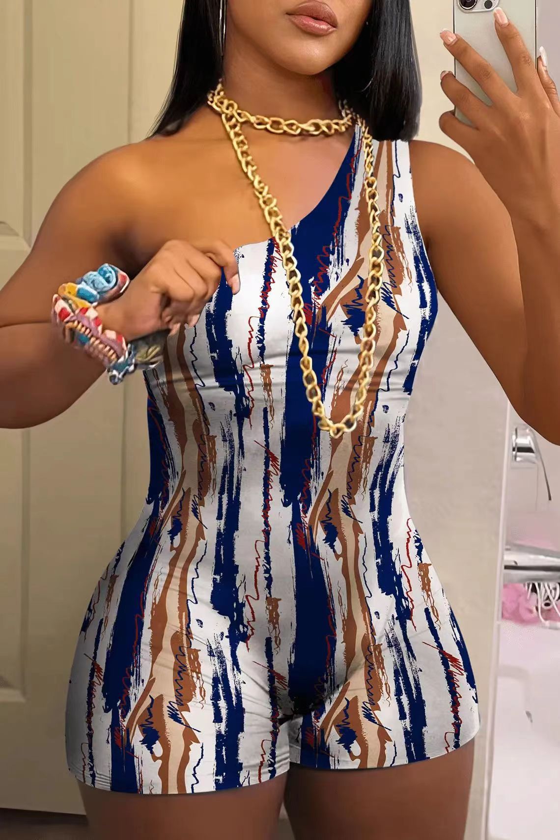Abstract Printing Oblique Shoulder Jumpsuit