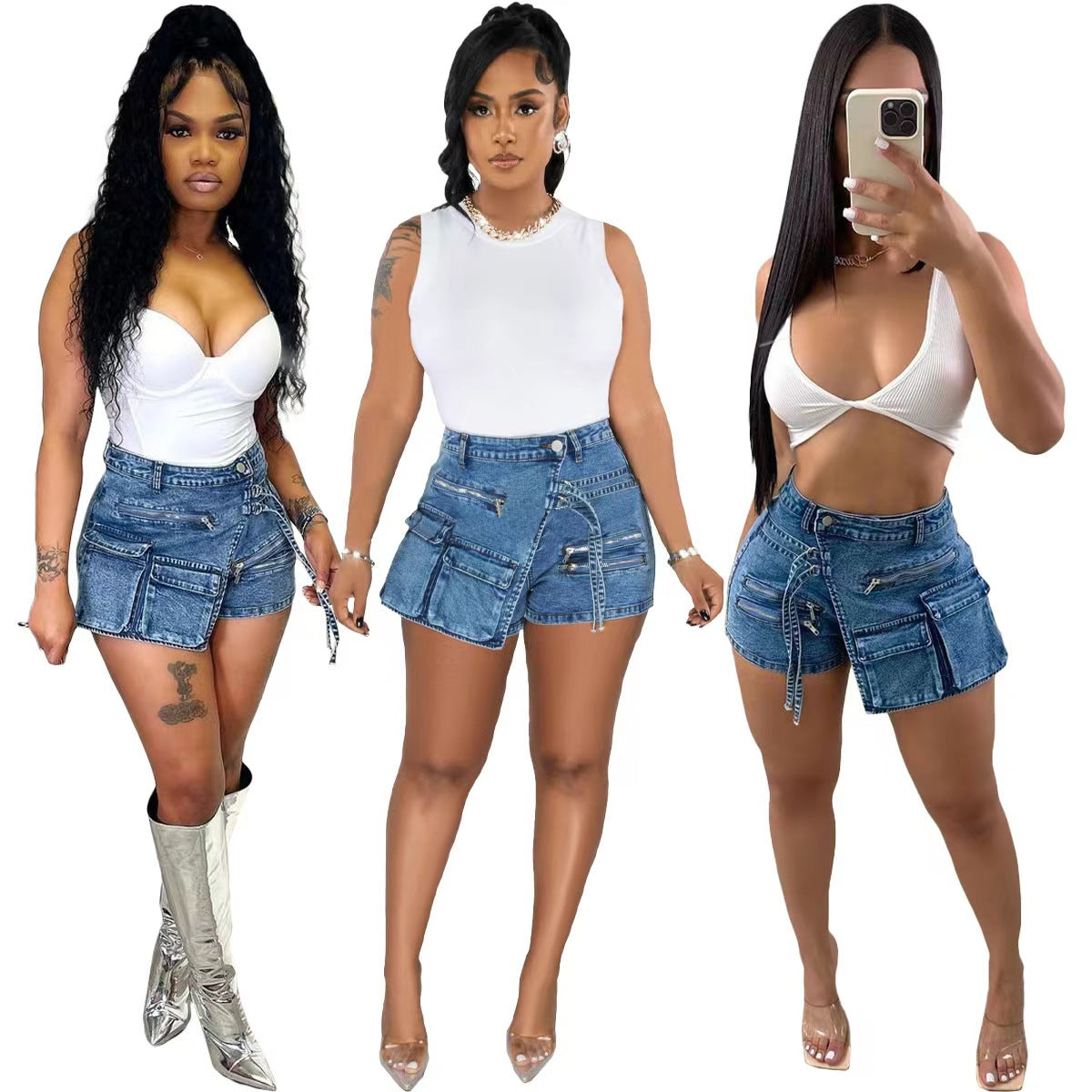 Irregular Multi-Pocket Workwear A- line Denim Skirt