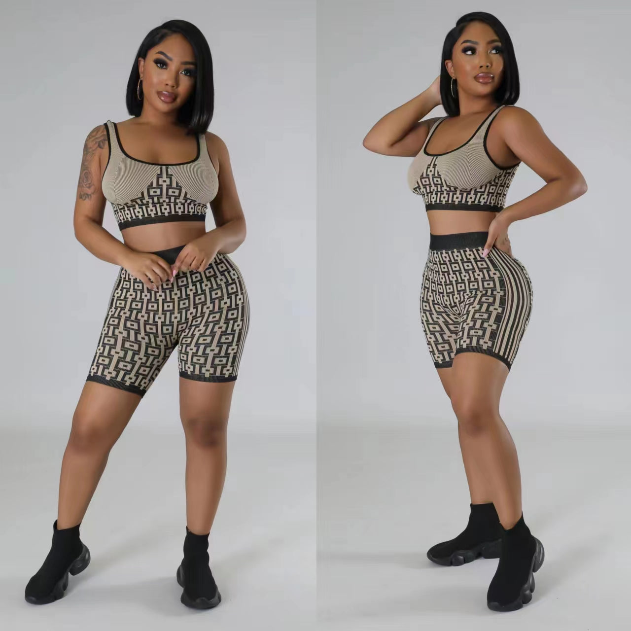 Elastic knitted printed sports vest two-piece suit